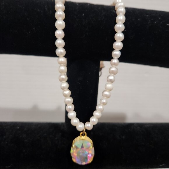 Aurora Borealis Teardrop Crystal Costume Faux  Pearl Pendant Necklace Chain 18" - Picture 2 of 8